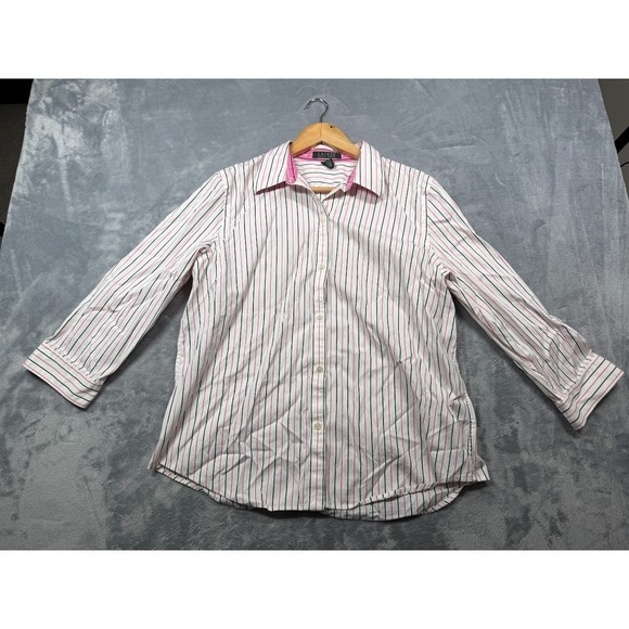 Lauren Ralph Lauren Tops - Lauren Ralph Lauren Shirt Womens XL White Pink Striped Curved Hem Button Up